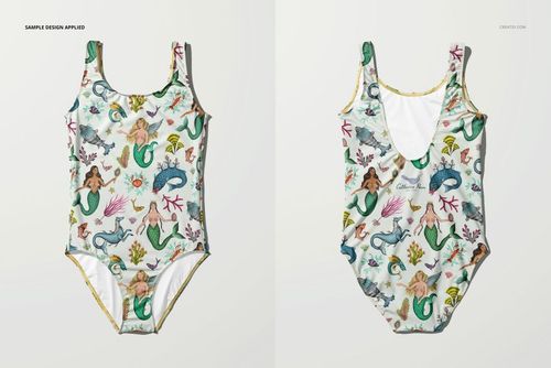 PSD mockup showing a one-piece swimsuit laid flat with playful mermaid and sea creature illustrations in pastel colors.