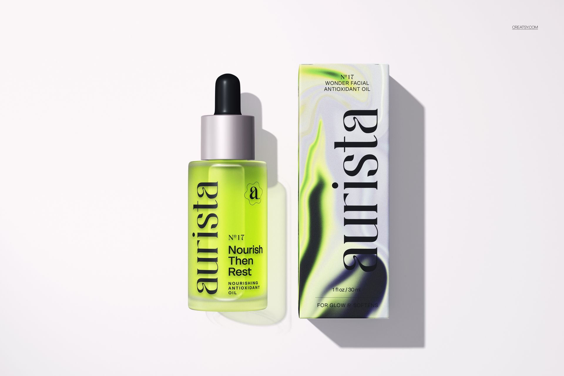 Dropper bottle mockup next to a rectangular box, both featuring green tones and bold black text, shown from above.