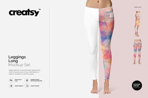 Front view of adult leggings mockup with one leg in white and the other featuring a colorful geometric pattern.