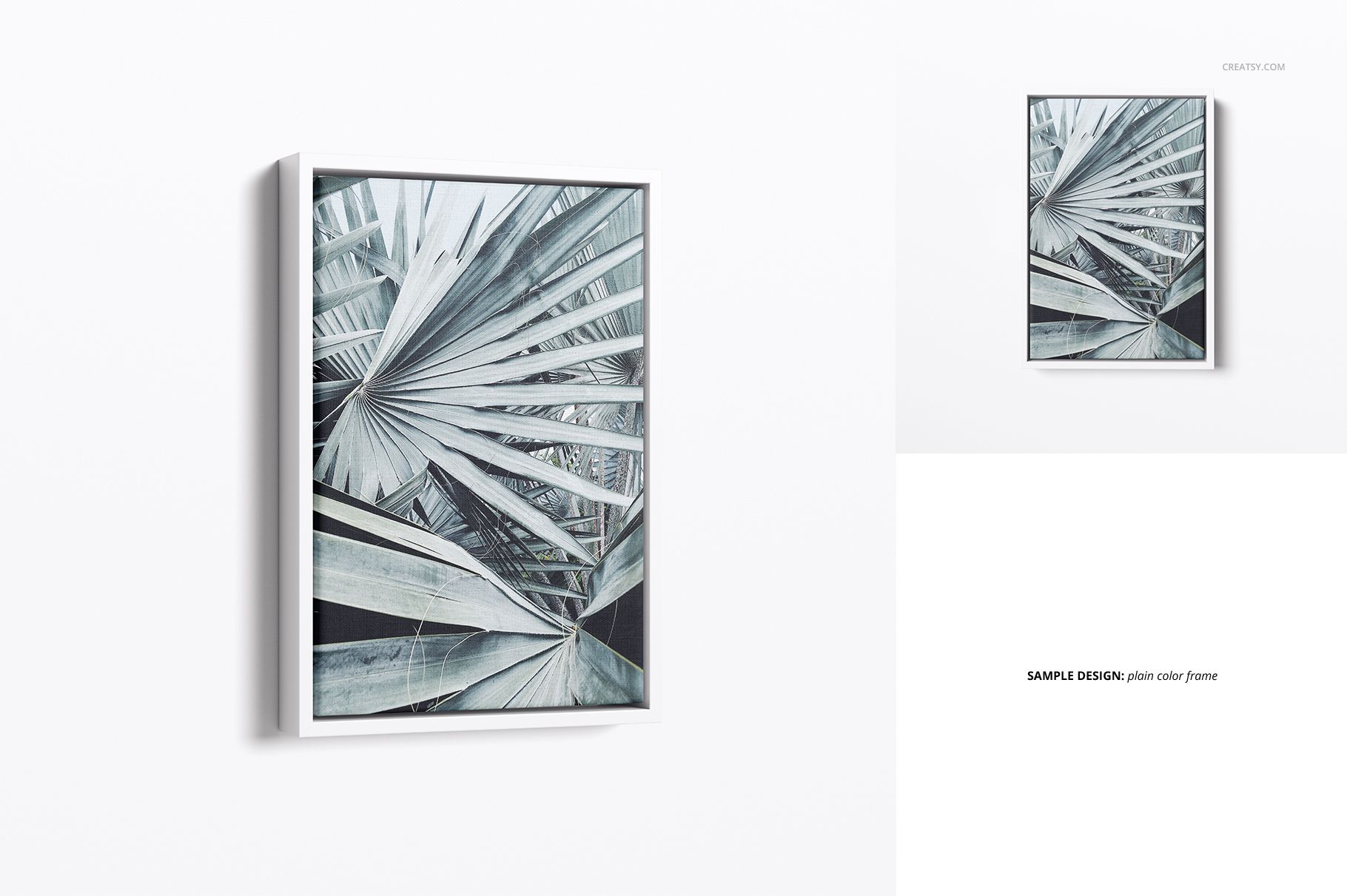 Angled canvas mockup in a solid color floater frame featuring a tropical leaf pattern, shown against a light backdrop.