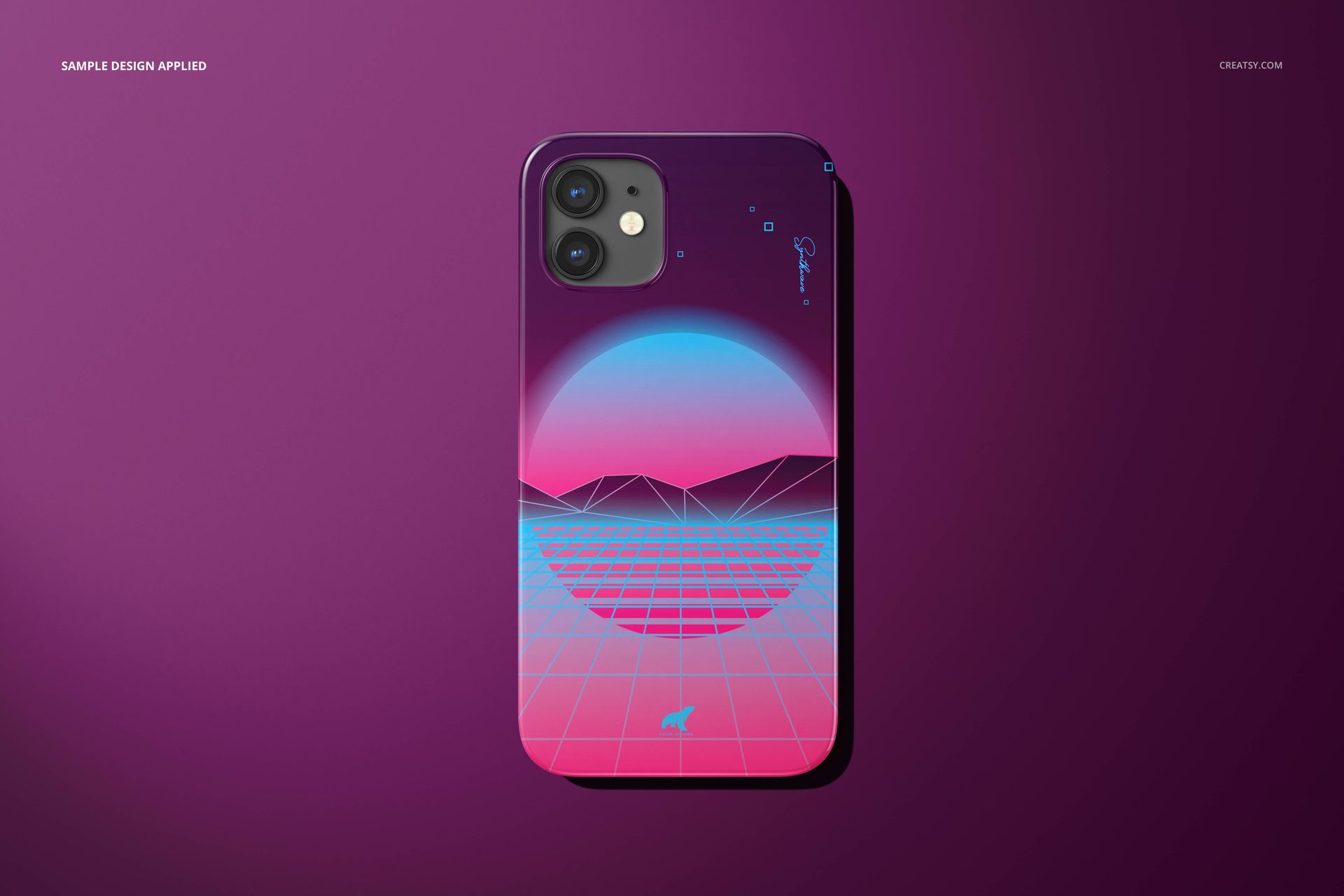 Front-facing iPhone 12 case mockup featuring a glossy finish and neon landscape artwork, displayed on a solid purple surface.