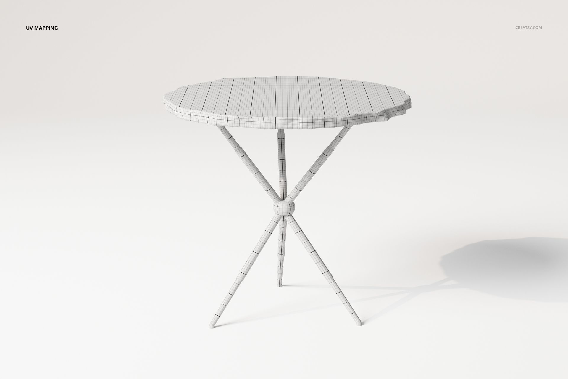 Irregular shape coffee table with a round top and three angled legs, shown in a front view on a plain background.