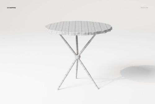 Irregular shape coffee table with a round top and three angled legs, shown in a front view on a plain background.