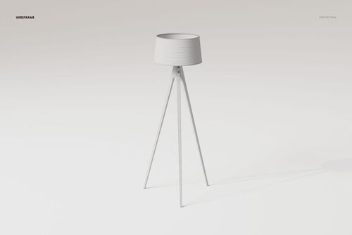Tripod floor lamp with a cylindrical shade in a white wireframe style, shown from a front angle on a plain background.