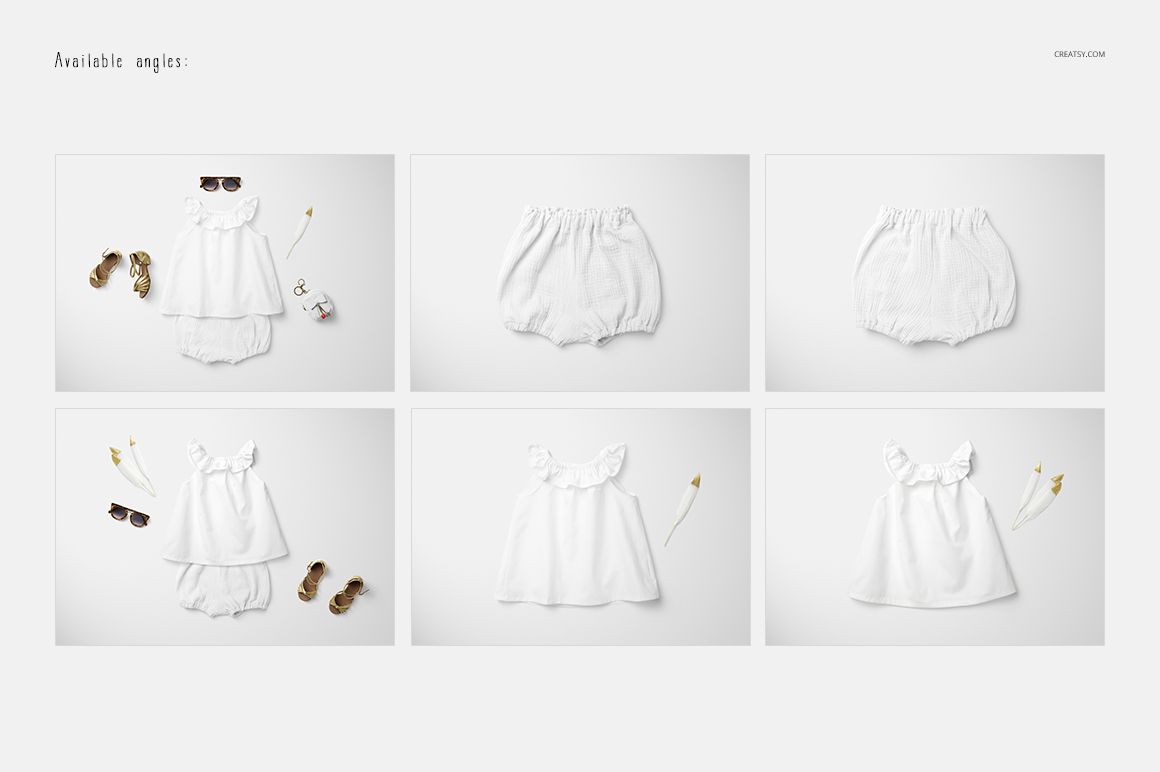 Baby summer outfit mockup featuring a white dress and bloomers shown in flat lay arrangements with sunglasses and flowers.
