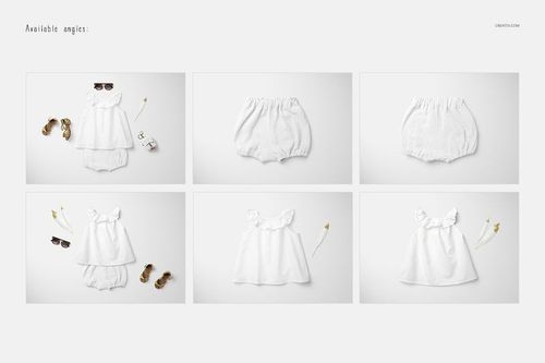 Baby summer outfit mockup featuring a white dress and bloomers shown in flat lay arrangements with sunglasses and flowers.