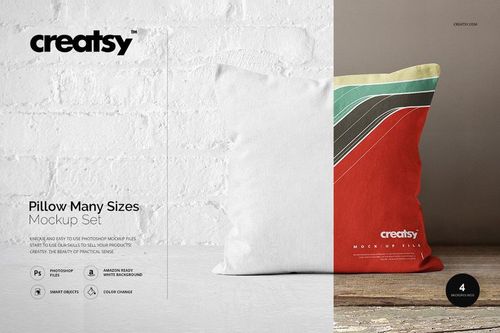 Pillow PSD mockup set showing two pillows against a bright wall, with one having a bold abstract pattern.
