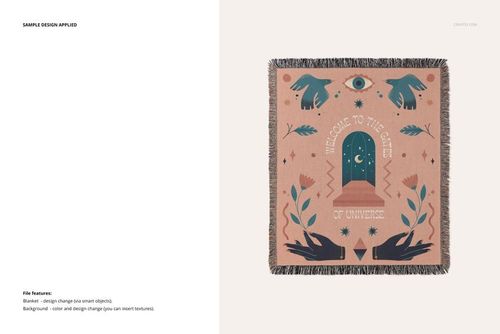 Jacquard fringed throw blanket mockup displayed flat, showing a central graphic with hands, leaves, and celestial motifs.