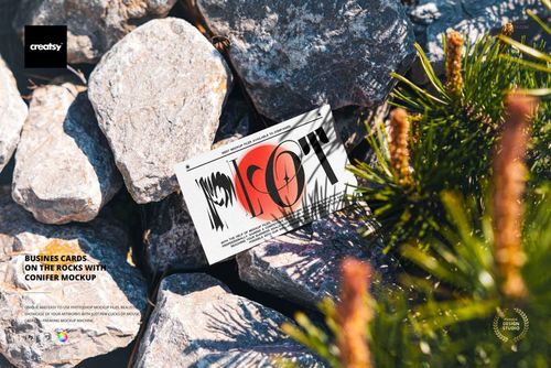 Business card mockup featuring two cards with modern patterns resting on natural rocks beside pine needles, outdoor setting.