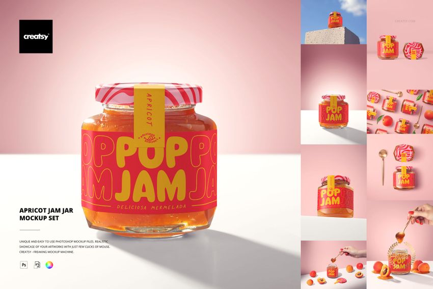 PSD mockup of an apricot jam jar featuring a colorful label, displayed from front and top views with apricots and spoons.