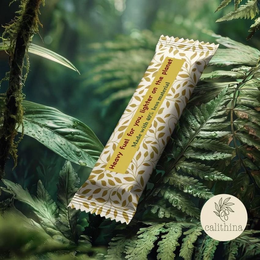Candy bar mockup with a leafy gold and white wrapper placed on lush green ferns in a tropical jungle setting.