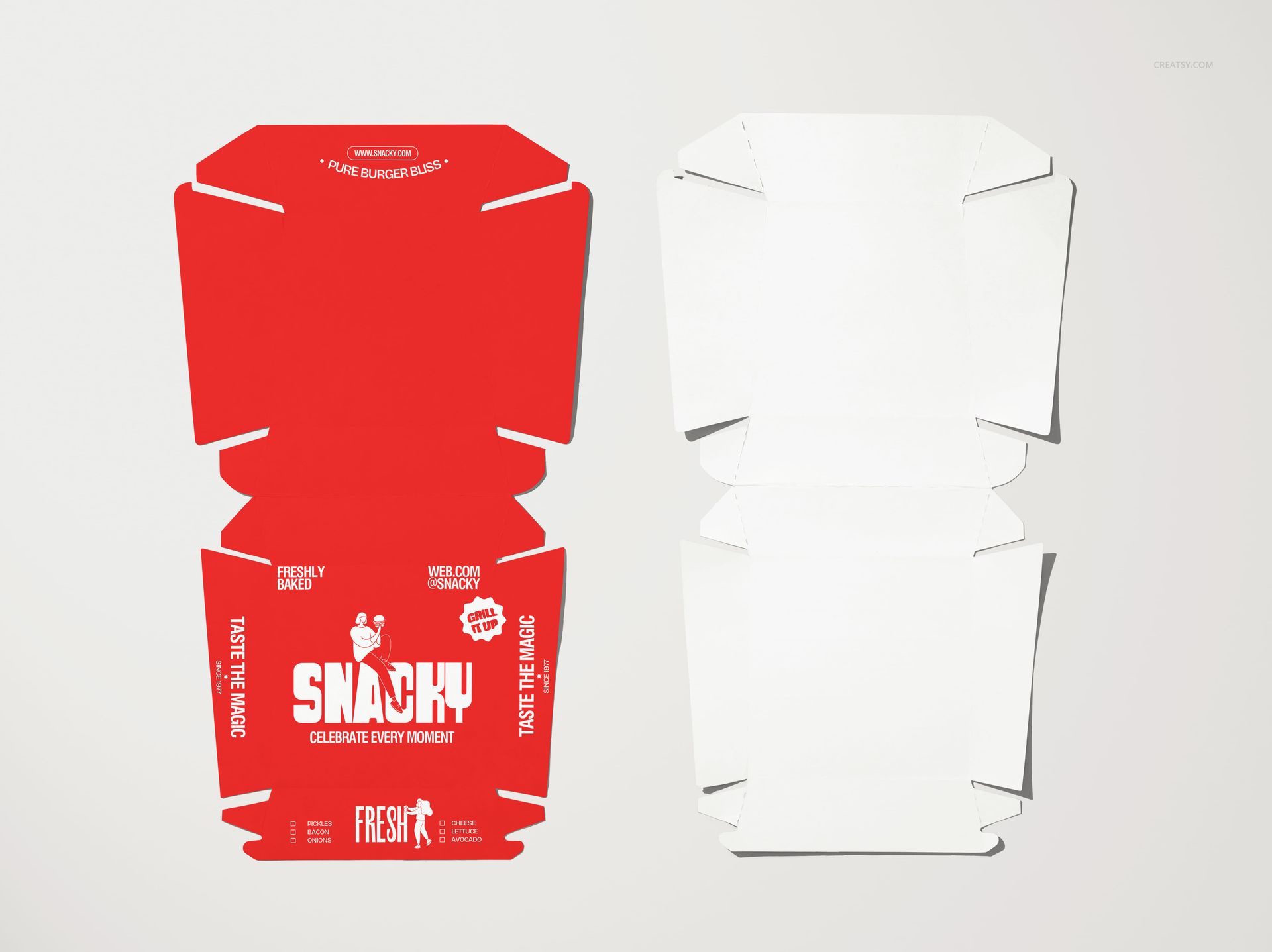 Flat lay of two burger box packaging mockups, one with a bold red design and one plain white, on a light background.