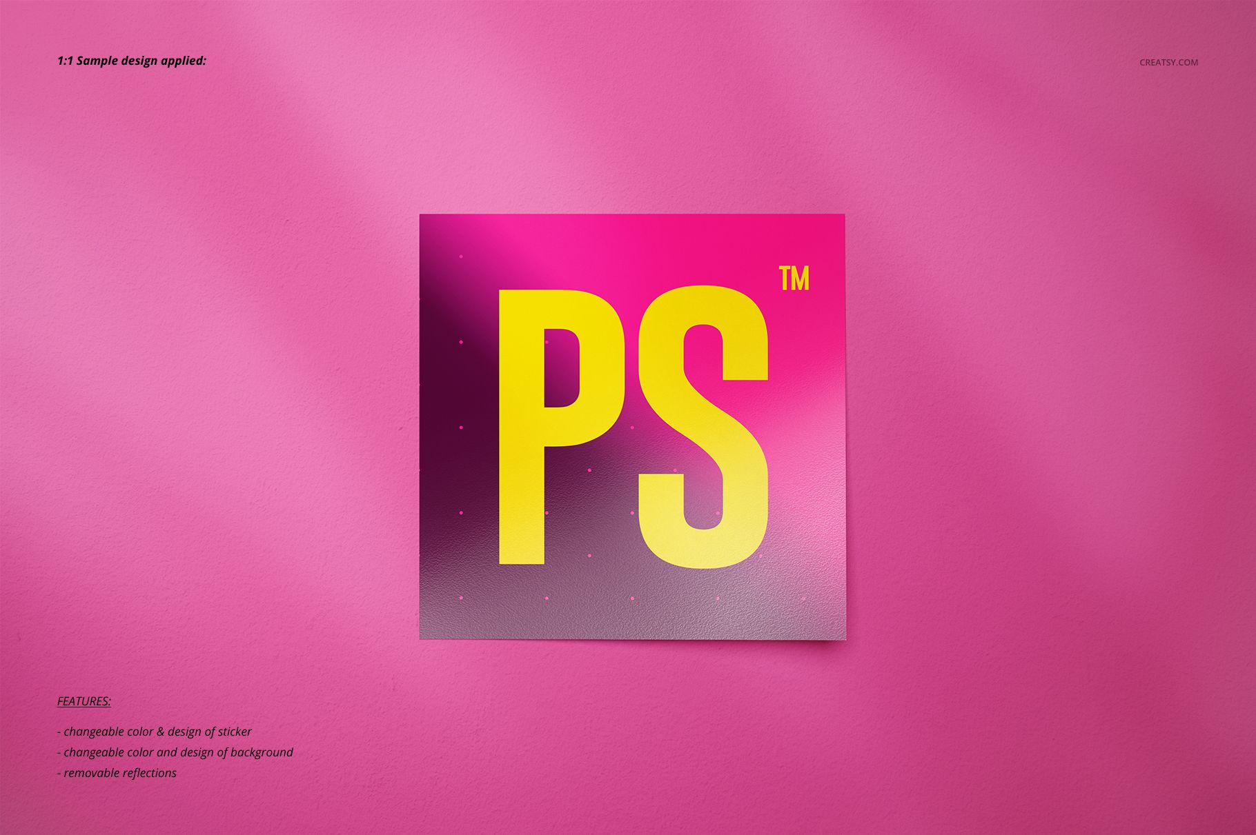 Front view of a square sticker mockup featuring bold yellow 'PS' letters over a pink and gray gradient background.