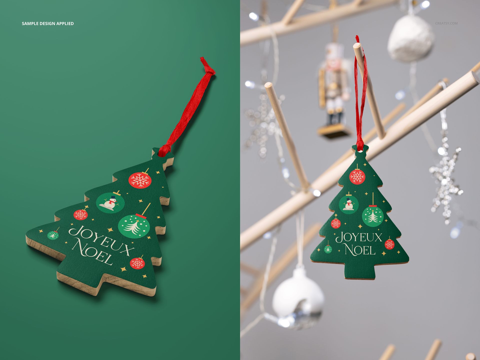 PSD mockup of a wooden Christmas tree ornament featuring holiday patterns, displayed flat and hanging on a decorative stand.