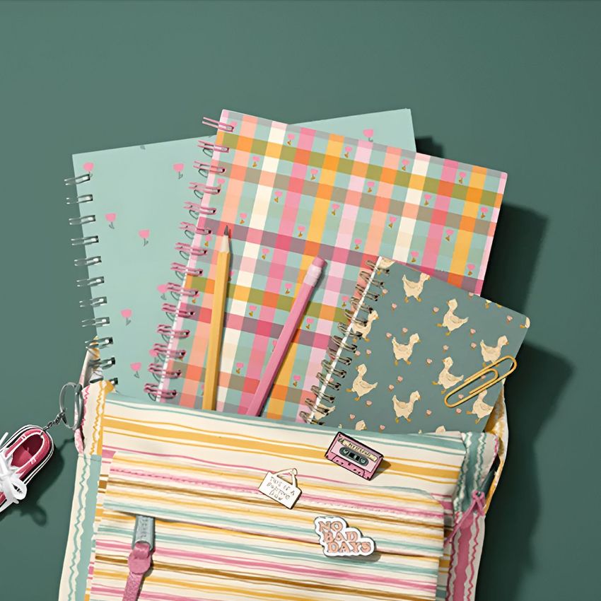 School backpack mockup with spiral notebooks in pastel colors, featuring playful patterns and accessories on a green background.