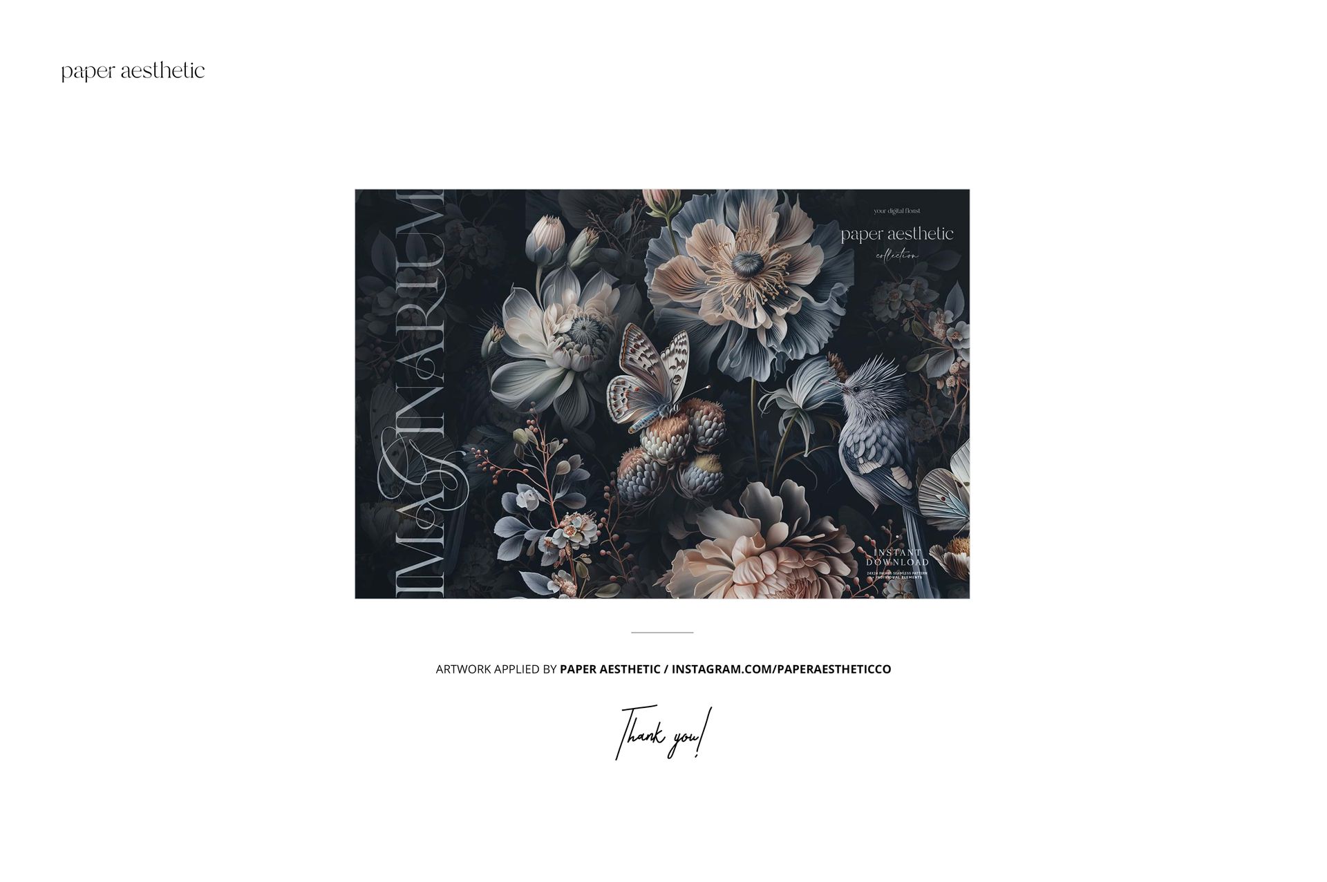 Front view of playing cards and packaging mockup featuring dark floral and butterfly designs on a white background.