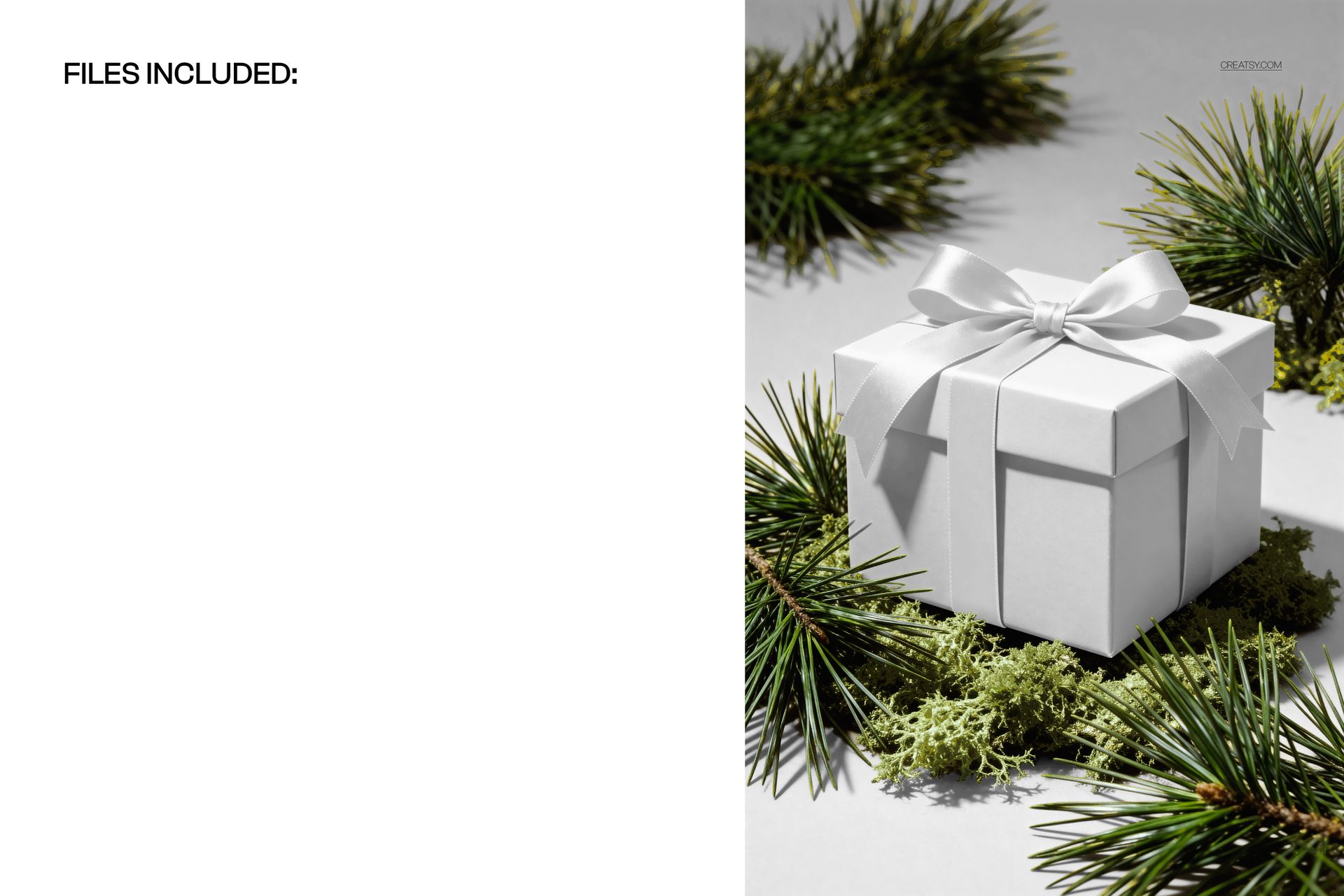 White square gift box mockup with ribbon placed on a light surface, surrounded by conifer sprigs and green moss.