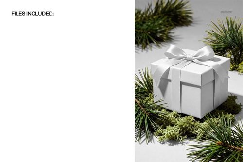 White square gift box mockup with ribbon placed on a light surface, surrounded by conifer sprigs and green moss.
