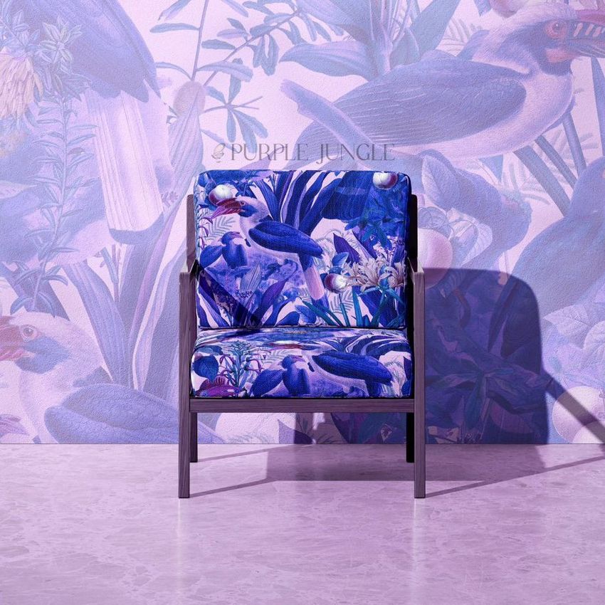 Lounge chair mockup featuring a bold purple jungle pattern, placed against a matching illustrated wallpaper and marble floor.