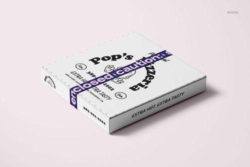 Mockup of non-transparent narrow duct tape featuring bold text, wrapped diagonally across a closed pizza box.