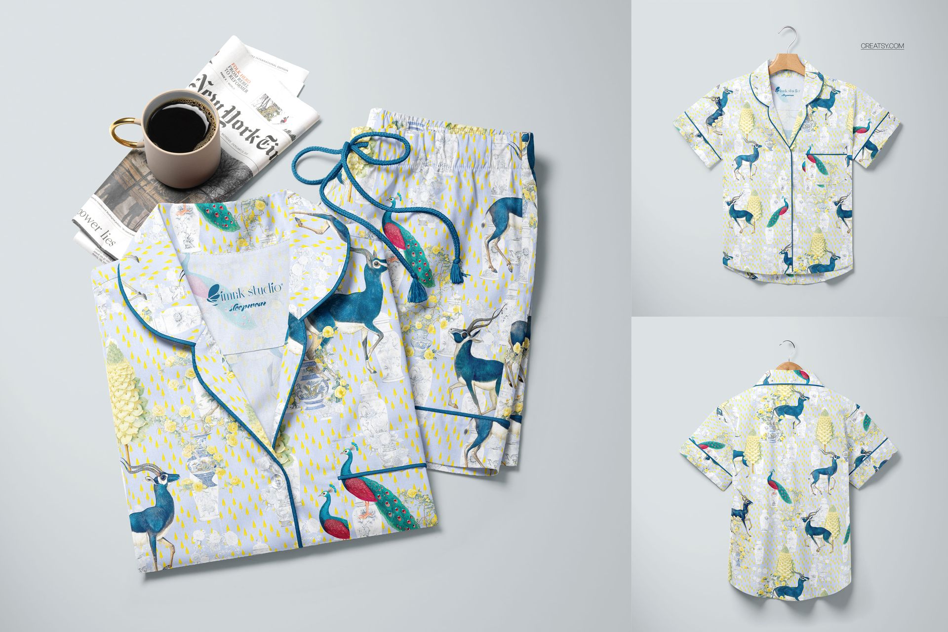Short-sleeve pajama top and shorts mockup set with colorful animal pattern, shown from front and folded views.