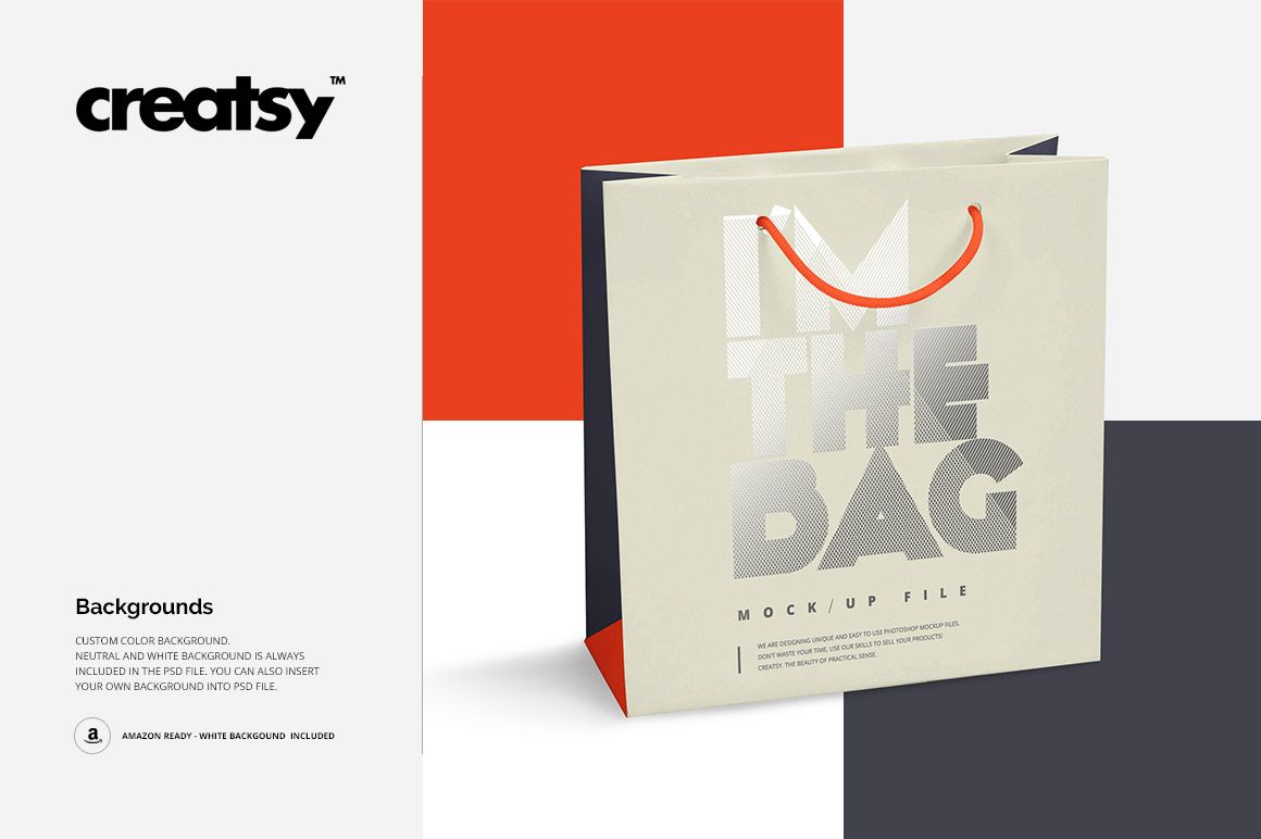 Paper bag mockup featuring a beige bag with metallic text and red handles, displayed on color block backgrounds.