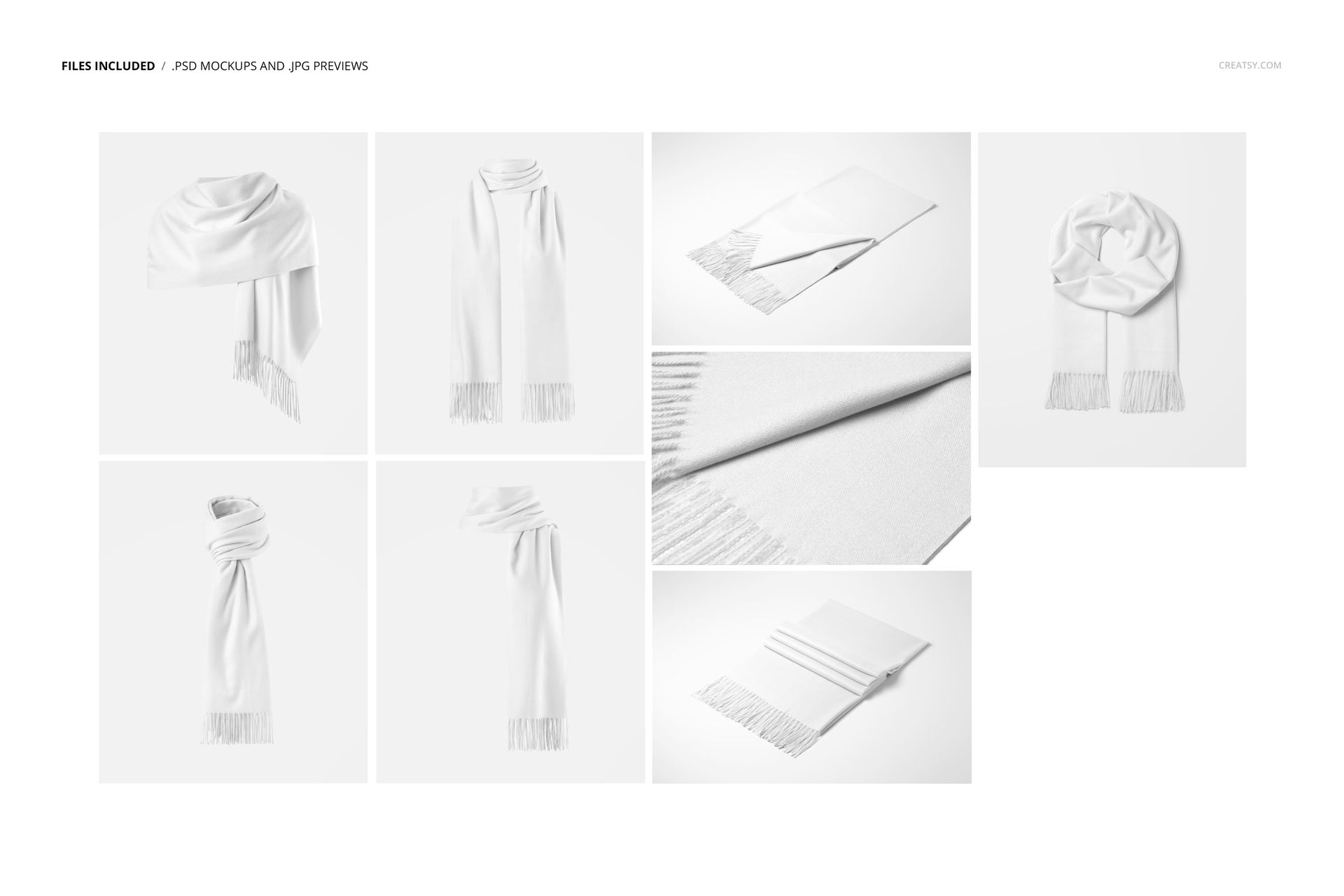 White cashmere scarf mockup displayed in various folded and draped arrangements on a plain light background.