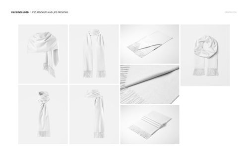 White cashmere scarf mockup displayed in various folded and draped arrangements on a plain light background.