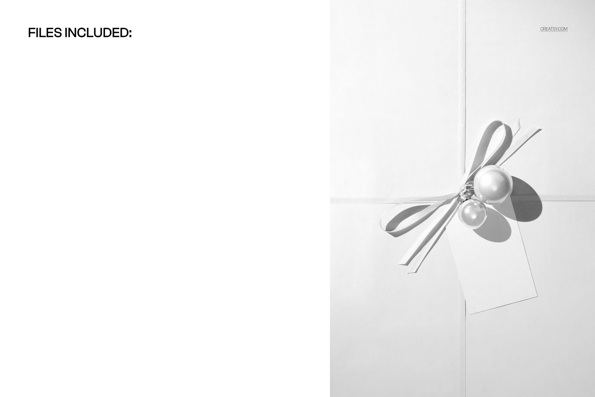 Top view of a Christmas gift box wrapped in white paper, decorated with a ribbon, baubles, and a blank tag in a PSD mockup scene.