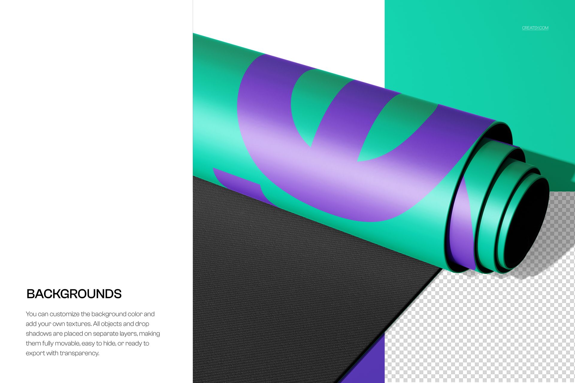 Unrolling oval yoga mat mockup with turquoise and purple abstract design, shown from a close-up angled view.