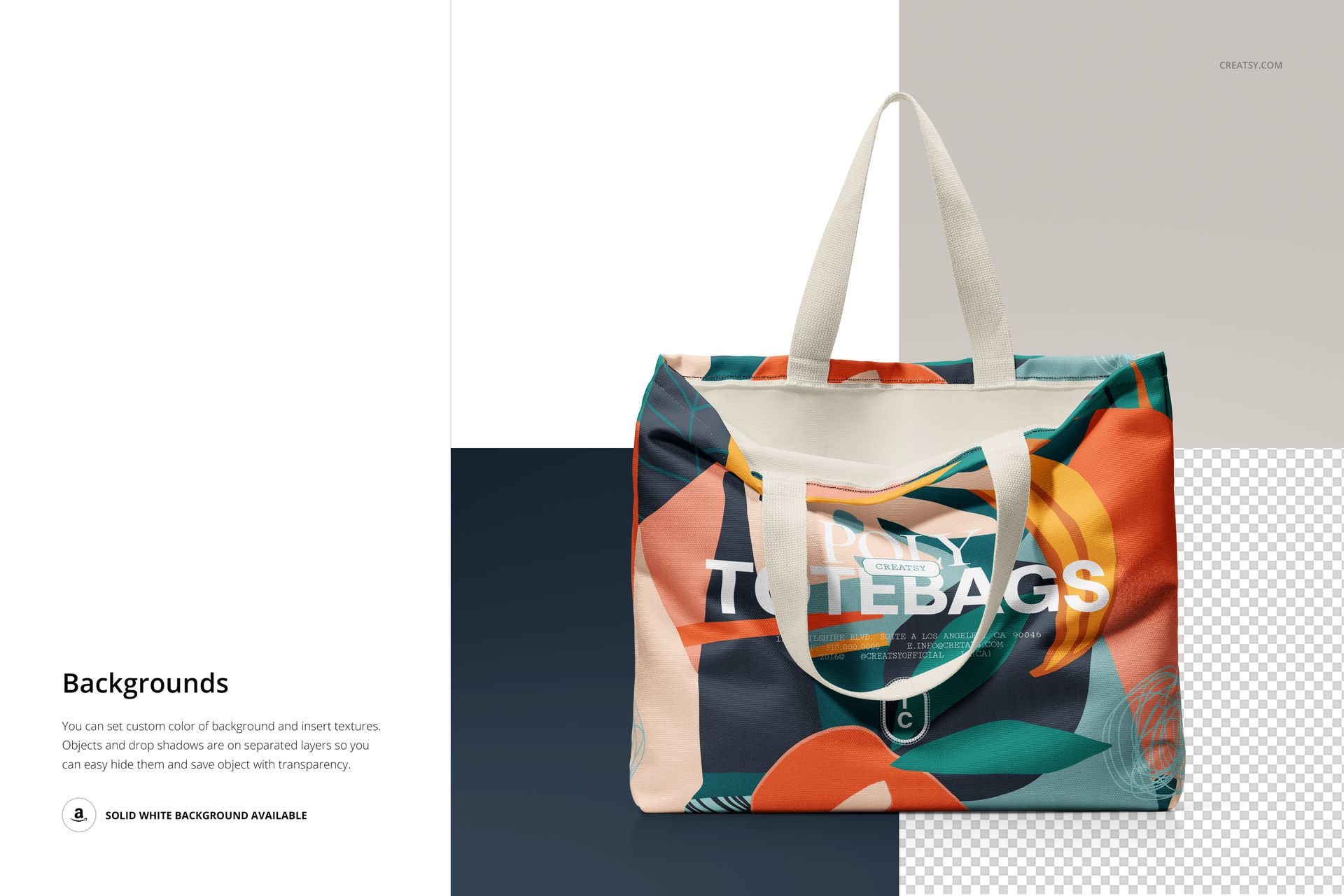 Large poly canvas tote bag with abstract colorful pattern, shown from the front on a split background in a PSD mockup.
