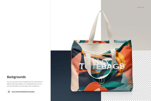 Large poly canvas tote bag with abstract colorful pattern, shown from the front on a split background in a PSD mockup.