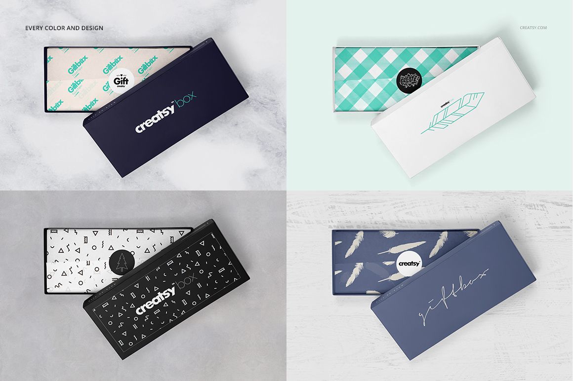 Top view of gift box mockups featuring varied tissue paper designs and box colors, arranged in a grid layout.