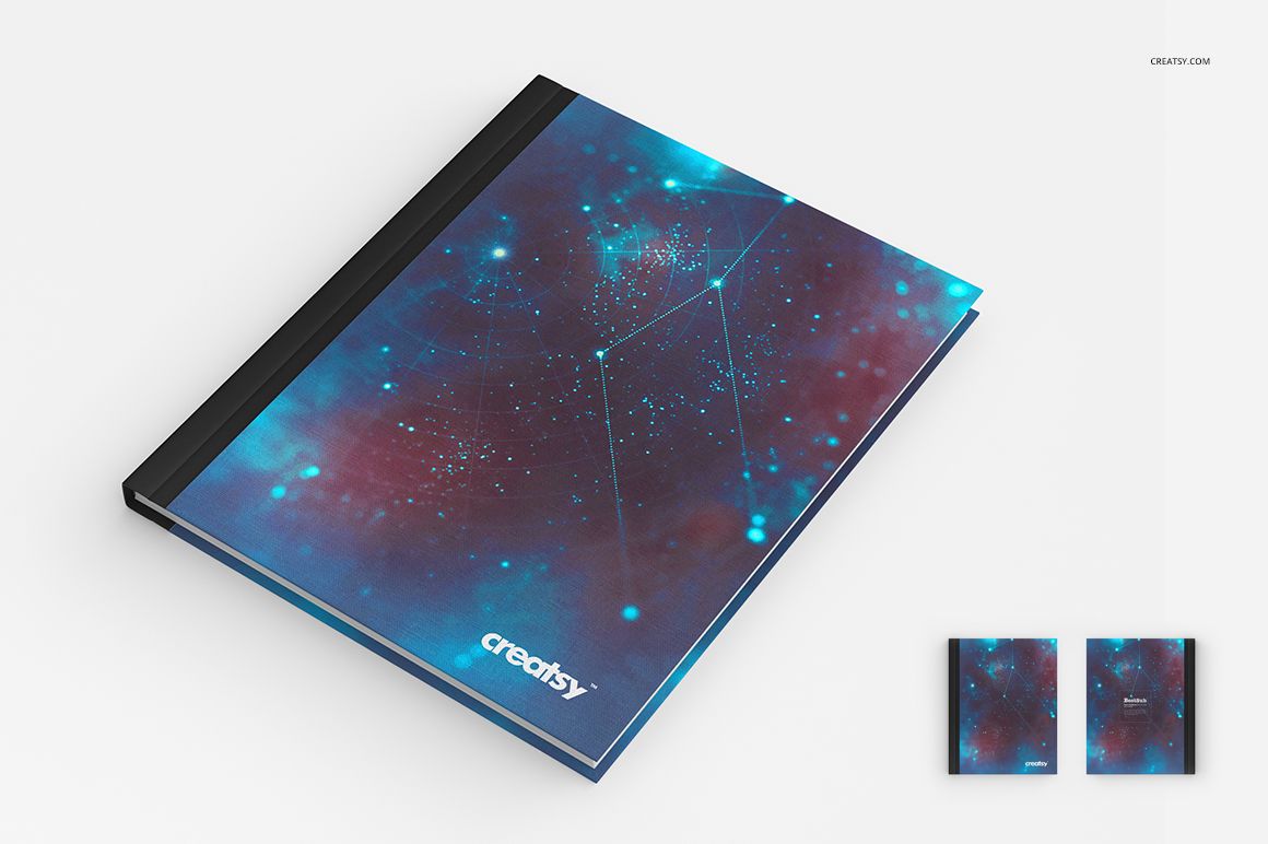 Fabric notebook mockup featuring a dark spine and a starry blue-red cover design, displayed with two smaller cover previews.