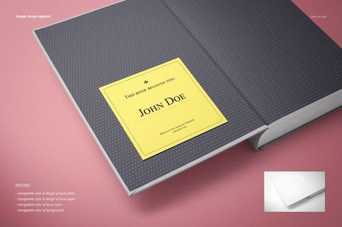 Bookplate mockup showing an open hardcover book with a yellow label and dotted endpaper, pink background.