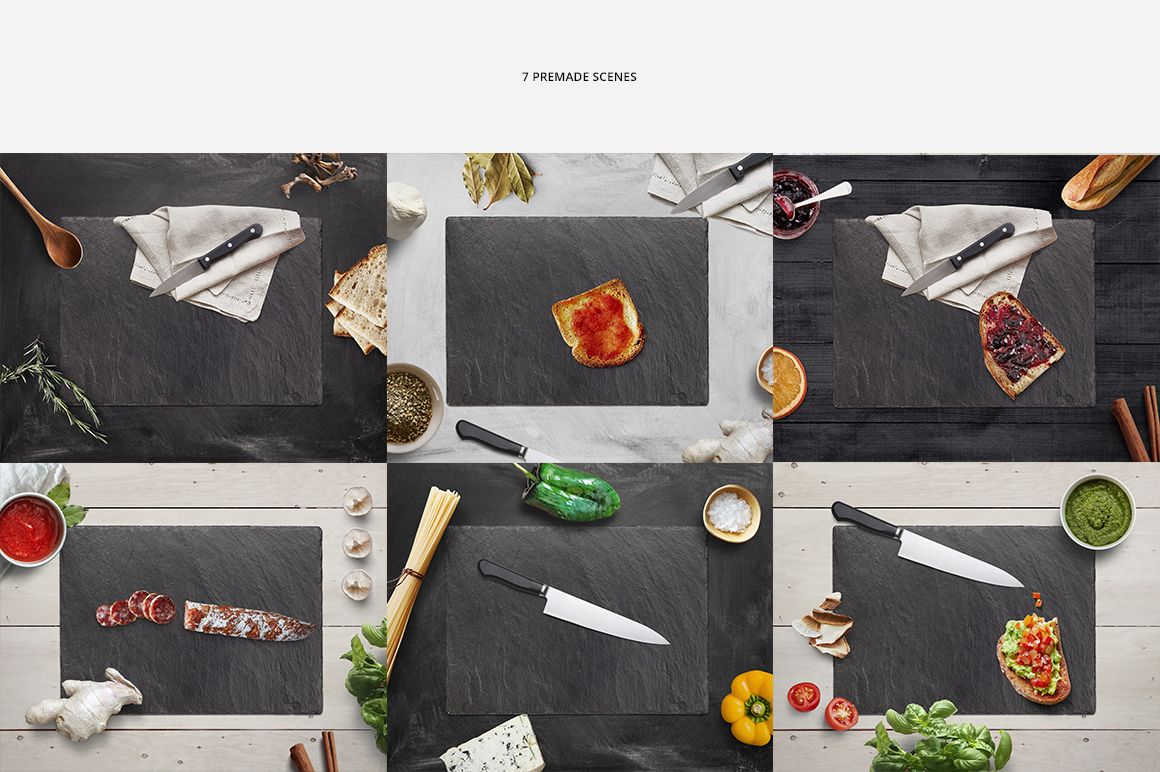 Slate plate mockup shown from top view, featuring a rectangular dark stone plate with food and utensils around.