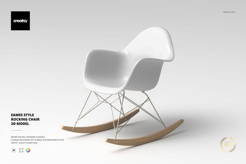 White Eames style rocking chair with molded seat and wooden rockers, shown at an angle on a light gray background.