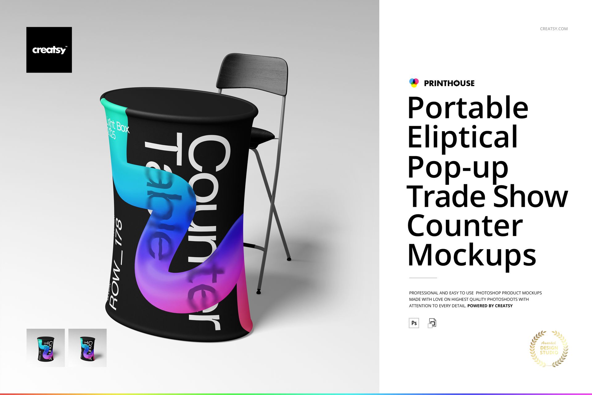 Elliptical pop-up counter mockup featuring vibrant gradient patterns, displayed alongside a simple black chair.