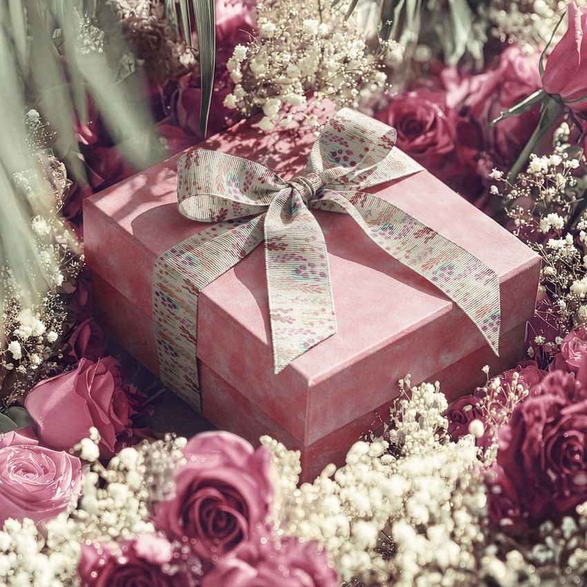 Square gift box mockup with a patterned ribbon bow, surrounded by red and pink roses and white baby's breath flowers.