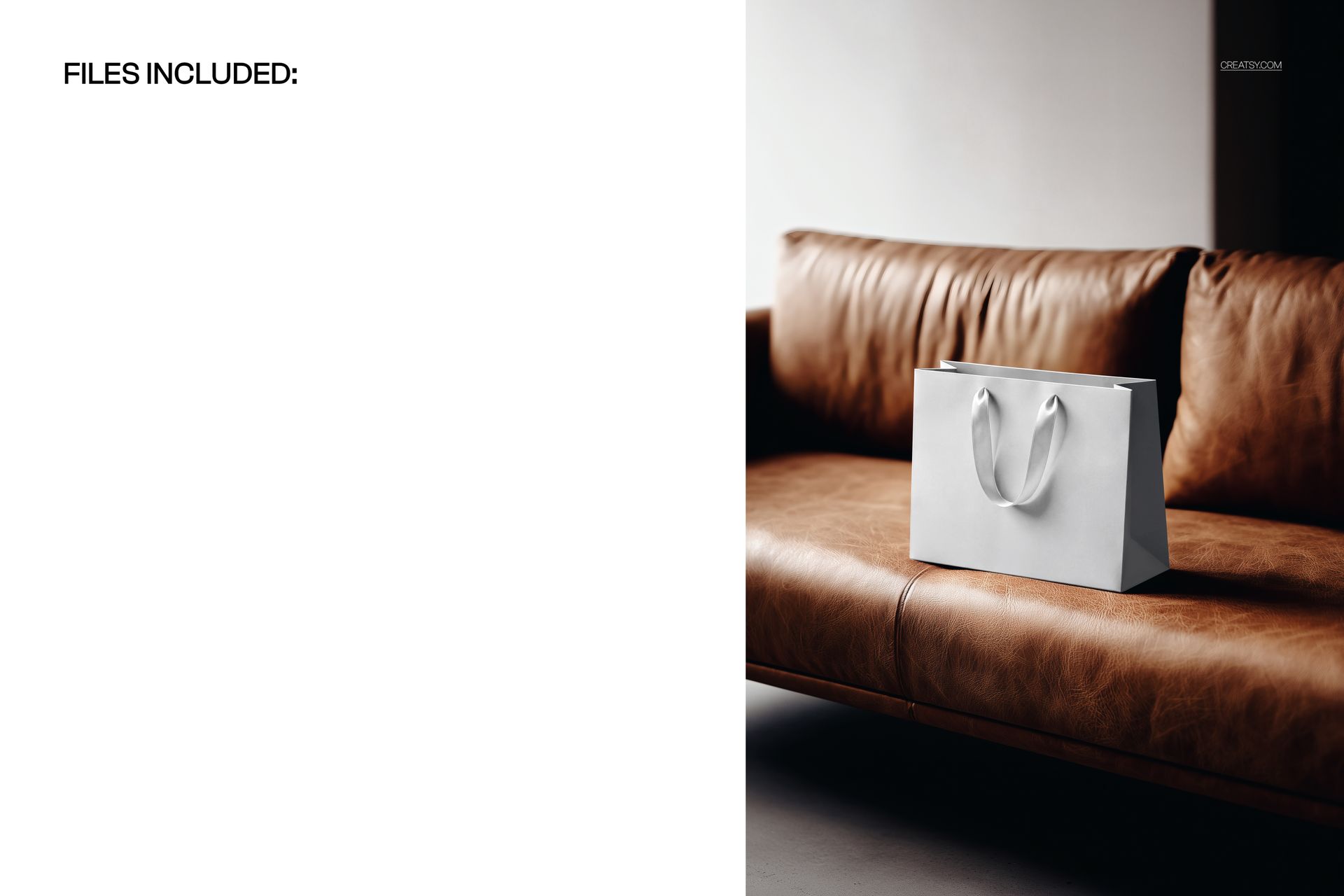 Paper shopping bag mockup displayed on a smooth brown leather sofa, photographed from the front in soft lighting.