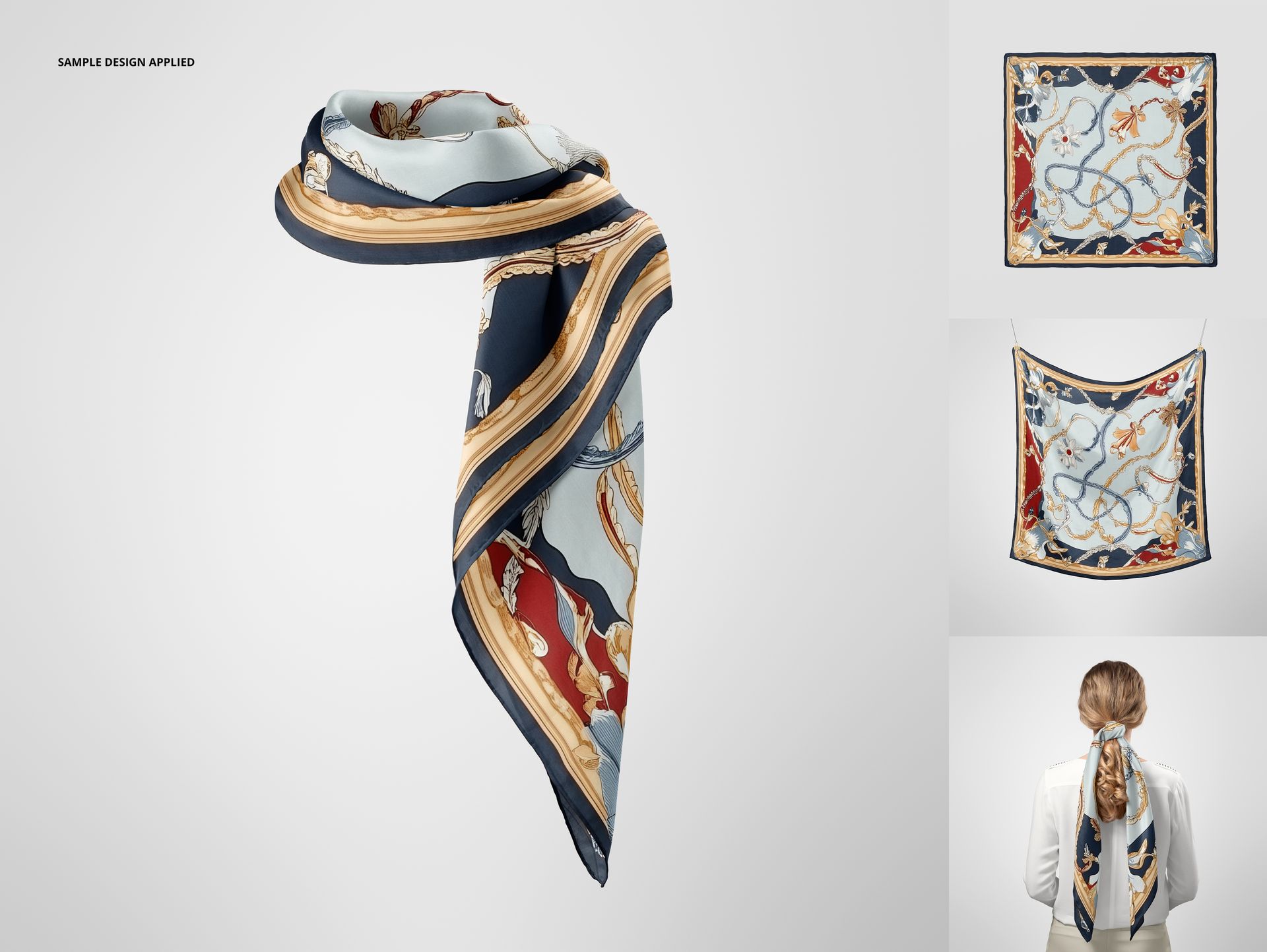 Square silk scarf mockup featuring blue, gold, and red accents, displayed in three different views.