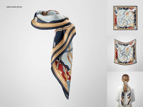 Square silk scarf mockup featuring blue, gold, and red accents, displayed in three different views.