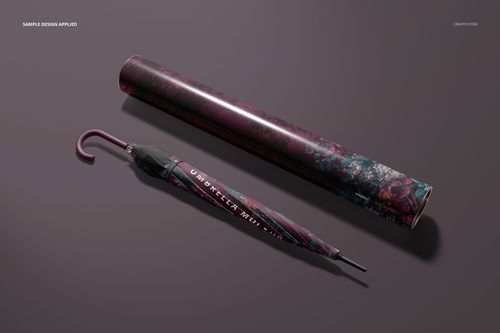 Umbrella and packaging tube mockup set displayed side by side, both decorated with a maroon and blue artistic design.