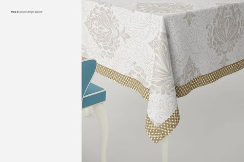 Rectangular tablecloth mockup featuring a beige and white ornate pattern with gold geometric border, draped over a table corner.