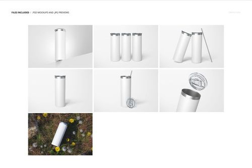 Set of powder coated skinny tumblers in white, shown from various angles including upright, tilted, and grouped on plain backgrounds.