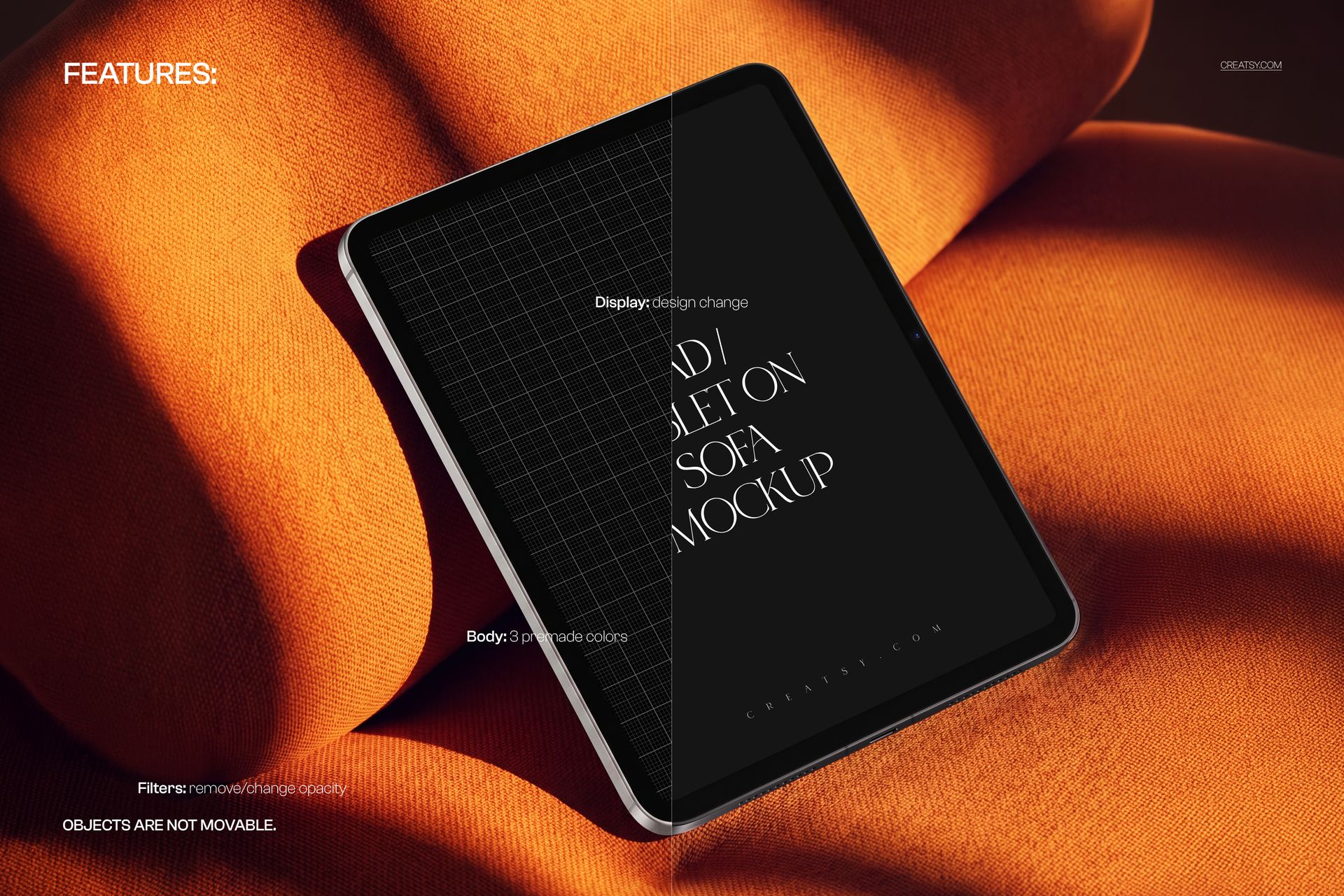 iPad Pro with dark screen displayed on an orange sofa, shown from an angled top view in a mockup scene.