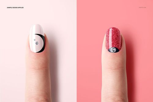 Side-by-side fingernail mockup showing a white nail with black accents and gems, and a pink glitter nail with gems.