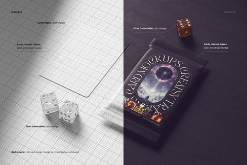 Trading card mockup set displayed on a grid background with transparent cards, dice, and a fantasy-themed card pack.