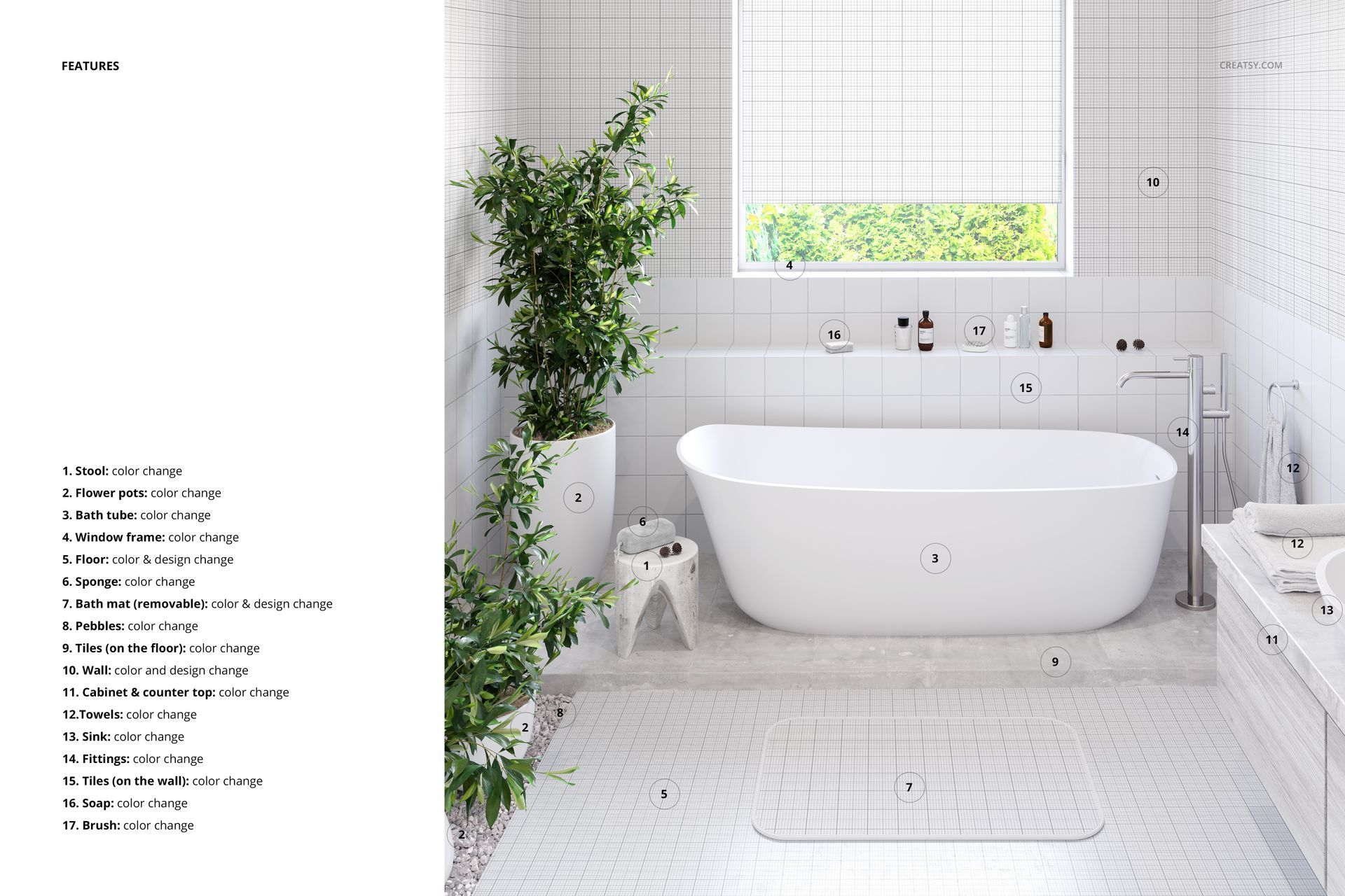 Rectangular bathmat mockup on a large tiled floor, white bathtub, green plant, and window above tiled wall in a modern bathroom.
