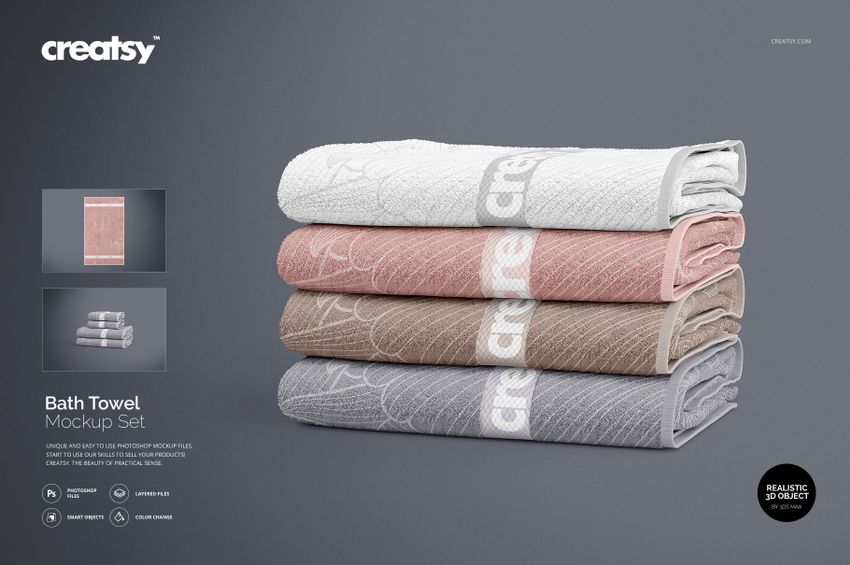 Bath towel PSD mockup featuring four folded towels in muted tones with textured patterns, displayed on a dark surface.